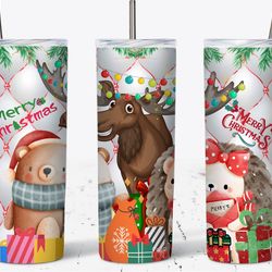 Merry Christmas Bear Reindeer Hedgehog Tumbler, Christmas Tumbler, Christmas Skinny Tumbler