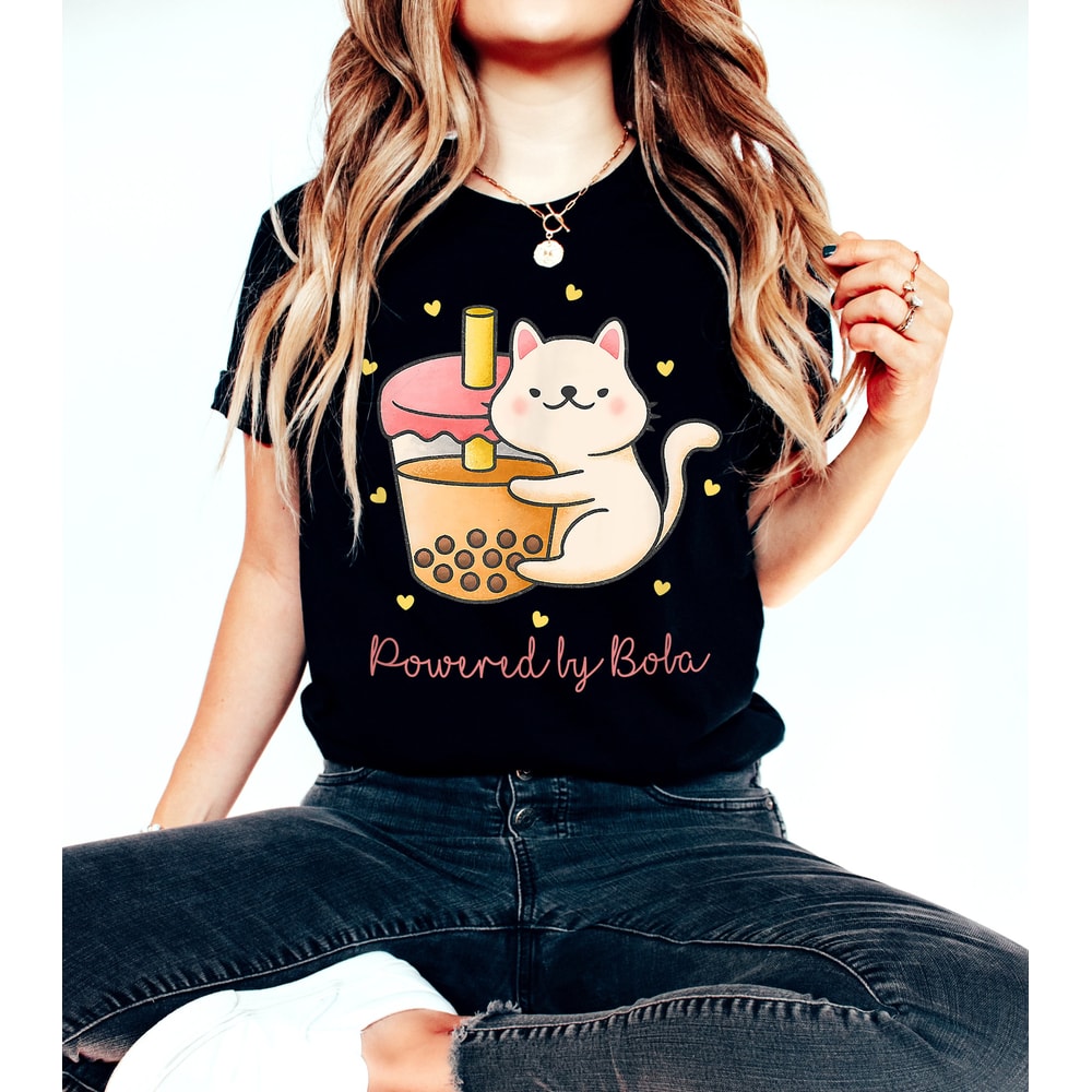 Powered By Boba T-Shirt - Bubble Tea Lover Cat Tee - Kitty Heart Tees - Drinks Bubble Tea Gift - Bubble Tea Lover T Shirt - Korean Fashion - 1.jpg