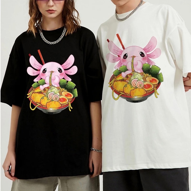Sushi lovers Axolotl T shirt Axolotl eat ramen Tshirt Relax style shirt Anime look Adults shirts Couple gift Axolotl tees - 1.jpg