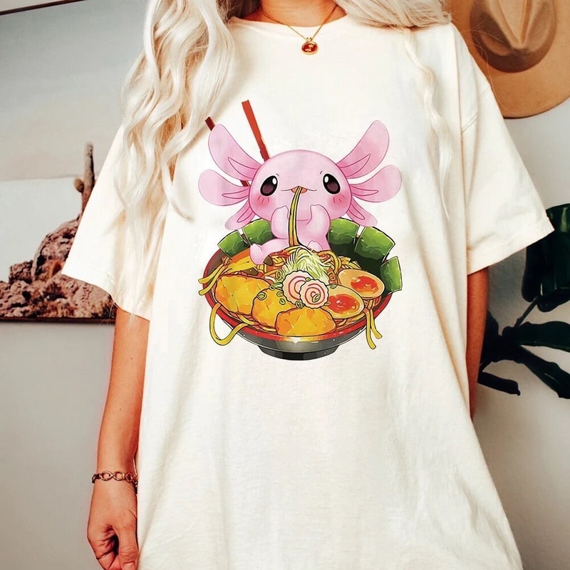 Sushi lovers Axolotl T shirt Axolotl eat ramen Tshirt Relax style shirt Anime look Adults shirts Couple gift Axolotl tees - 2.jpg