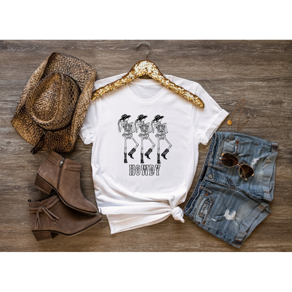 Howdy Cowboy Tee,Skeleton Cowboy Tee,Dancing Skeleton Tee,Rodeo Shirt,Vintage Inspired Cotton Tshirts, Unisex Tee,Country Music Tshirt,Rodeo - 2.jpg