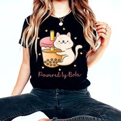 powered by boba t-shirt - bubble tea lover cat tee - kitty heart tees - drinks bubble tea gift - bubble tea lover t shir