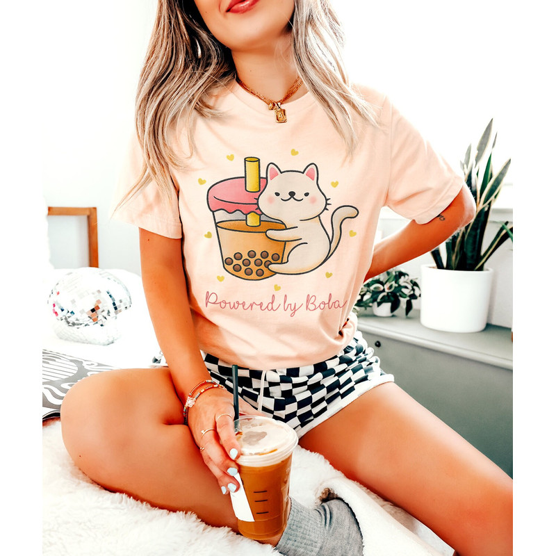 Powered By Boba T-Shirt - Bubble Tea Lover Cat Tee - Kitty Heart Tees - Drinks Bubble Tea Gift - Bubble Tea Lover T Shirt - Korean Fashion - 2.jpg