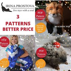tiger,fox and hedgehog  sewing pattern plush toy | instruction how to sew | stuffed animal sewing tutorial