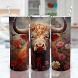 highland cow in a bucket 20 oz tumbler wrap boho flowers, cute baby highland cow 20oz sublimation tumbler designs