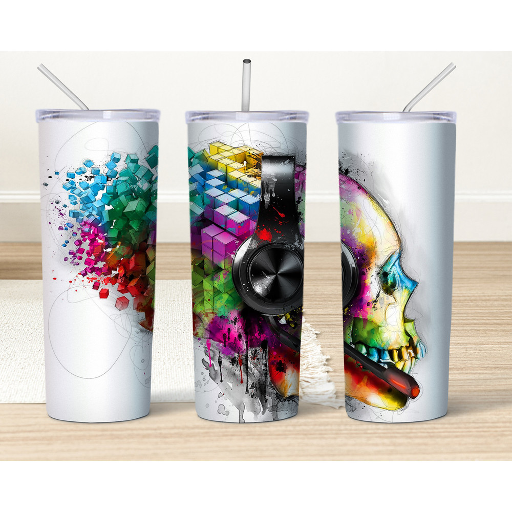 Skull Tumbler, Blue Skull With Yellow Skinny Tumbler.png