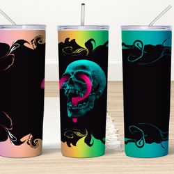 skull tumbler, colorful artistic skinny tumbler