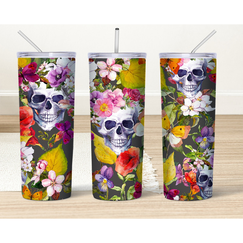 Skulls And Flowers Tumbler, Skulls And Flowers Skinny Tumbler-01.png