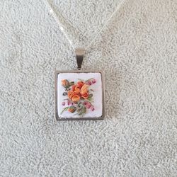 Ribbon embroidered  pendant for her,  4th wedding anniversary gift, custom embroidery bouquet