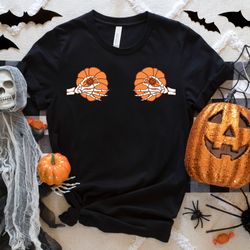 pumpkin boobs shirt, 2022 funny halloween shirt, skeleton hands halloween shirt, hallowe