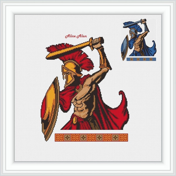 Cross stitch pattern greek warrior Spartan sword shield - Inspire Uplift