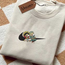 anime custom embroidered sweatshirt, nike x zoro luffy embroidered sweatshirt, custom anime embroidered crewneck, anime