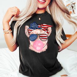 retro comfort patriotic pig shirt,  bubble gum 4th of july pig shirt,  pig sunglasses,