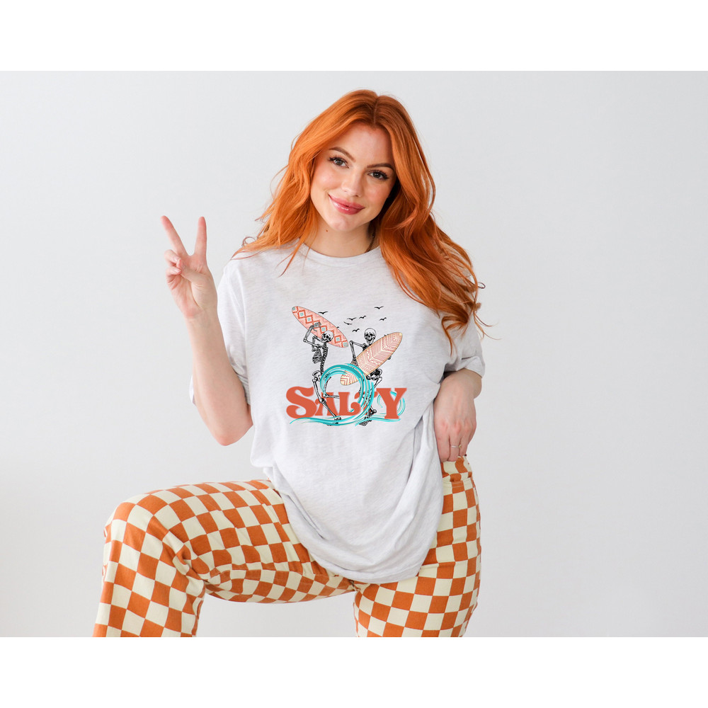 Salty Ocean Shirt, Surf Lover Shirt, Surfer Outfit, Skeleton Vacay Tee, Skeleton Surfer Shirt, Cool Skeleton Tee, Surf Board, Gift For Her - 2.jpg