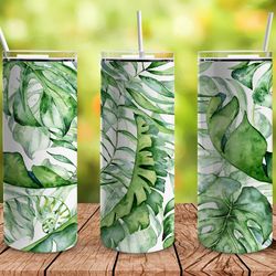 tropical monstera plant tumbler, tropical monstera plan skinny tumbler
