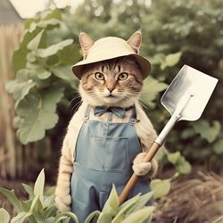 Futuristic Cat with Shovel in Vegetable Garden - Whimsical Digital Art