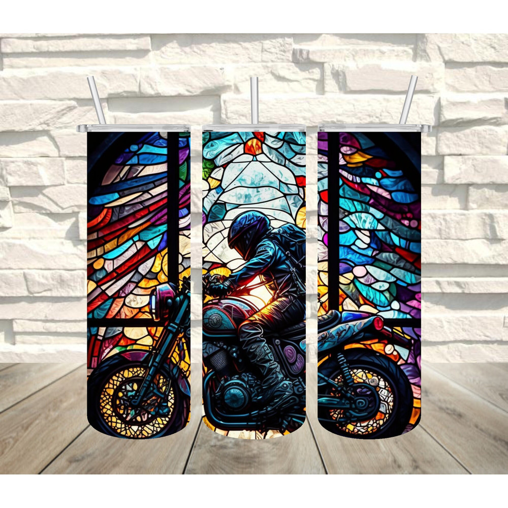 Motorcycle Stained Glass Window Tumbler, Motorcycle Stained Glass Window Skinny Tumbler, Designs Skinny Tumbler.jpg
