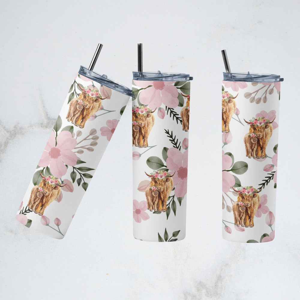 Highland Cow Floral 20oz Sublimation Tumbler Designs, Boho Flower Straight Skinny Tumbler Wrap PNG-3.jpg