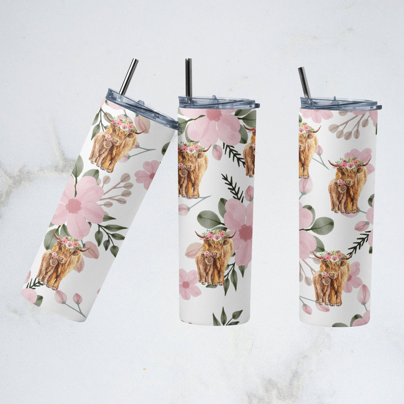 Highland Cow Floral 20oz Sublimation Tumbler Designs, Boho Flower Straight Skinny Tumbler Wrap PNG-3.jpg