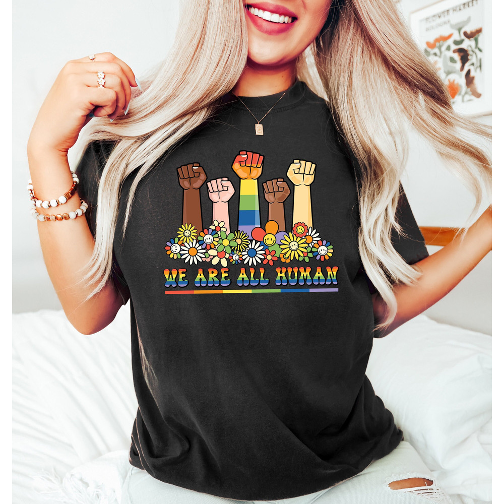 We Are All Human, Rainbow Colors Pride Shirt, Be Kind Shirt, Equality Shirt, LGBTQ+ Shirt, Floral Pride Shirt, Support Pride Ally, Gay Shirt - 1.jpg