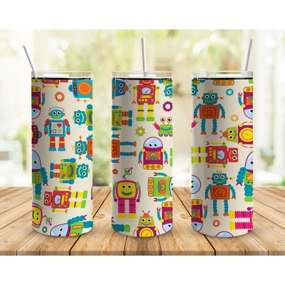 Happy Robots 20oz Straight Tumbler Wrap Seamless Design PNG.jpg