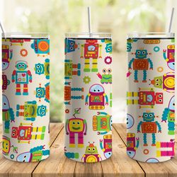 happy robots tumbler, happy tumbler, happy skinny tumbler