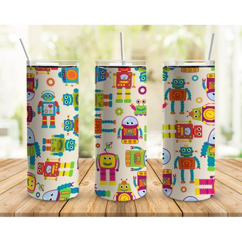 Happy Robots 20oz Straight Tumbler Wrap Seamless Design PNG.jpg
