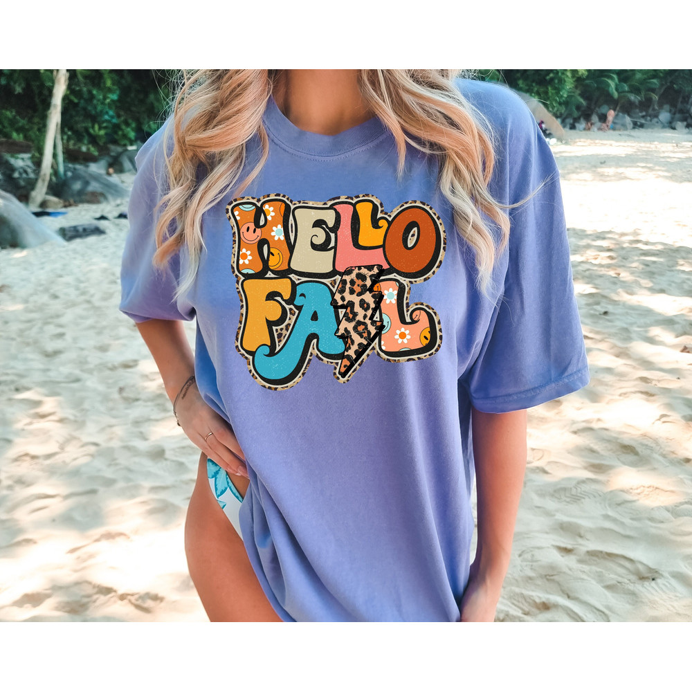 Comfort Colors® Retro Hello Fall Sweater Weather Shirt, Hippie Fall Shirt, Groovy Fall Shirt Gifts, Thanksgiving Crewneck Shirt - 1.jpg