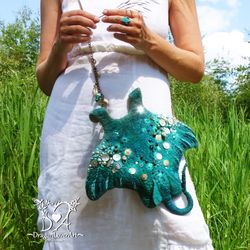 Cute Stingray Boho Mini Bag - Turquoise Felt Crossbody Purse with Beads Embroidery