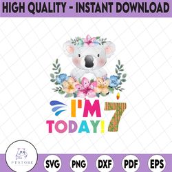 koala birthday png, i'm today 7 birthday koala png, birthday png, birthday sublimation printing
