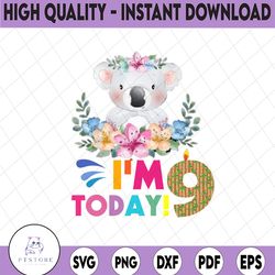 koala birthday png, i'm today 9 birthday koala png, birthday png, birthday sublimation printing