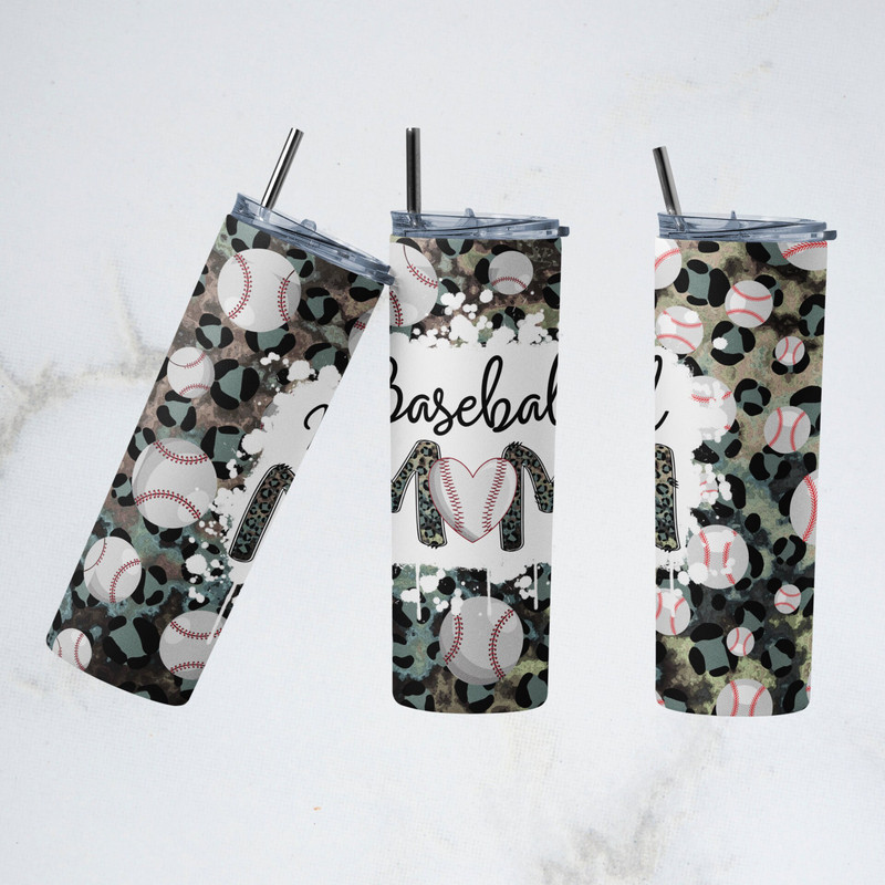 Leopard Baseball Tumbler PNG, Dirty Baseball Sublimation Design, 20 oz Skinny Tumbler PNG, Bleached Baseball Mom PNG, Digital Download.jpg