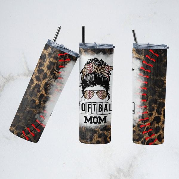 Leopard Softball Tumbler PNG, Softball Sublimation Design, 20 oz Skinny Tumbler Full Wrap, Bleached Softball Mom PNG, Digital Download.jpg