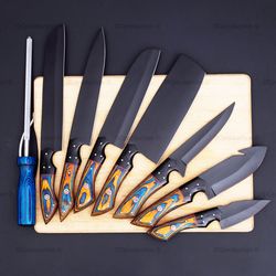 Handmade Damascus chef knife set of 5pcs with Brown and blue colour handle gift for women kitchen knife groomsman mk5448