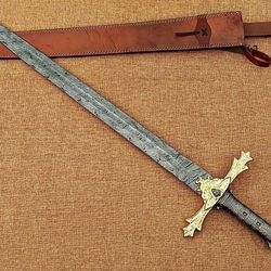 Custom HAND Forged Damascus Steel Viking Sword, Best Quality, Battle Ready Sword with leather heath mk5417m