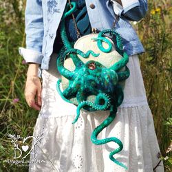 Octopus Tentacle Felt Crossbody Bag with Beads Embroidery-Handmade Designer Purse