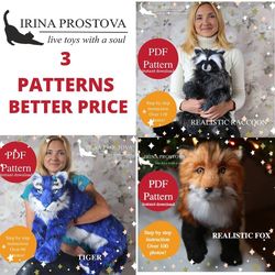 raccoon, tiger and fox  sewing pattern plush toy | instruction how to sew | stuffed animal sewing tutorial