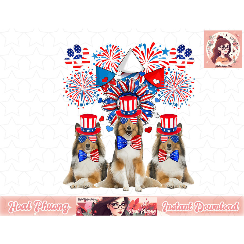 Three Cute Shetland Sheepdogs Sunglasses American Flag png, instant download.jpg