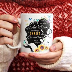 colorful butterfly, sunflower painting, i can do all things through , god lover gift, christian coffee mugs, pastor gift