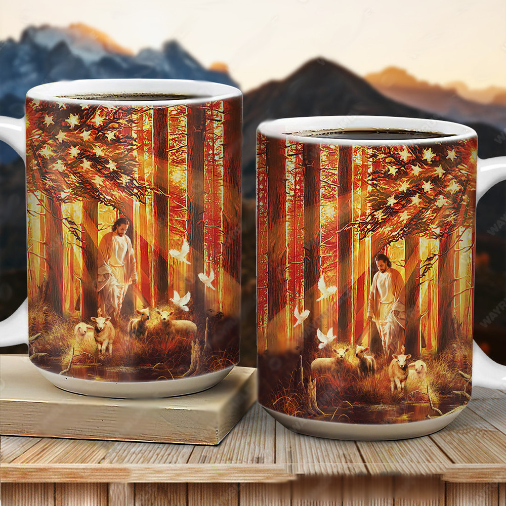 Jesus painting, Walking with the lambs - Jesus, US Flag AOP Mug_1894.jpg