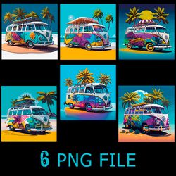 mini bus vw on the beach vector digital file 6 png files sublimation digital vector file
