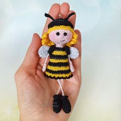 Little Bee Doll, keyring, Crochet bee, Handmade bee girl, Nursery decor, Car accessories.