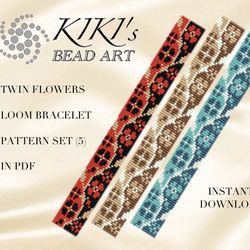 Twin flowers floral LOOM bracelet pattern set in 5 color versions, bead loom pattern in PDF instant download
