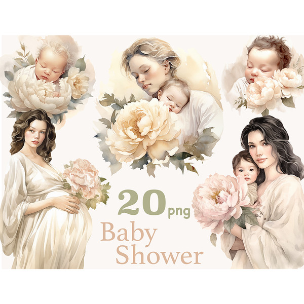 Baby Shower Clipart. Watercolor blonde girl with a baby in her arms, brunette girl with a boy in her arms and a rose, a pregnant girl expecting a baby with brow