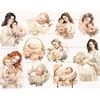 Baby Shower Watercolor girl with red hair with a baby in her arms, a blonde girl with a baby in her arms, a brunette girl with a boy in her arms and a rose, a p