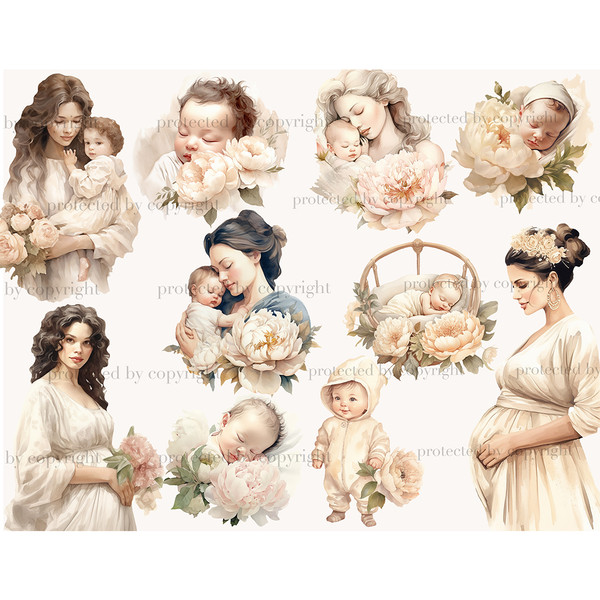 Watercolor woman with brown hair with a baby in her arms, a blonde woman with a baby in her arms, a brunette woman with a baby in her arms and a rose, a pregnan