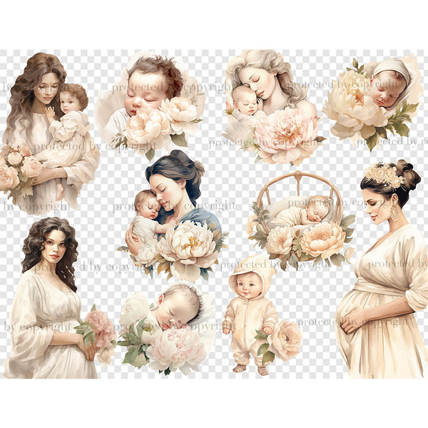 Watercolor woman with brown hair with a baby in her arms, a blonde woman with a baby in her arms, a brunette woman with a baby in her arms and a rose, a pregnan