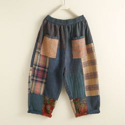 retro sandwashed old plaid splicing old cloth casual pants high waist harem pants
