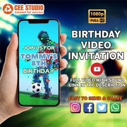 soccer birthday video invitation, soccer evite, soccer theme party, sports theme birthday, any age, video evite, boys