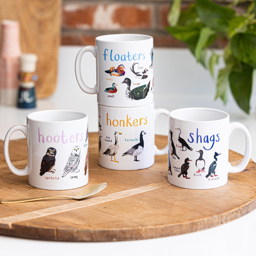 Set of 4 Ceramic Bird Pun Mugs - Floaters Honkers Hooters Shags - 1.jpg